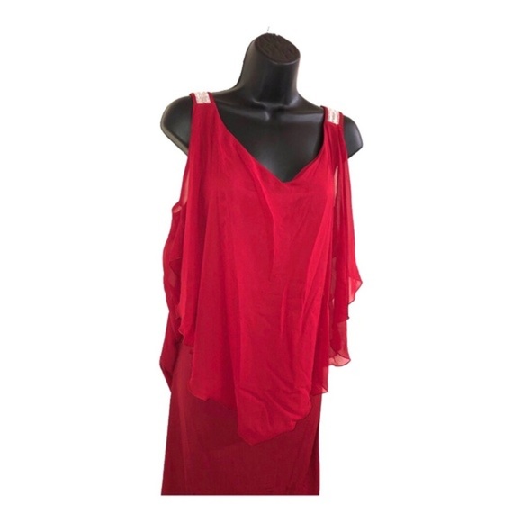 EnFocus red sheer cape sequin strap cold shoulder elegant plus size dress 14W - Picture 5 of 16